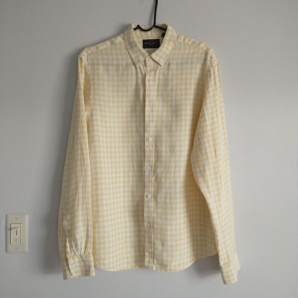 Black Brown 1826 Shirt Mens M Yellow Checked 100%Linen Button Down Long Sleeve